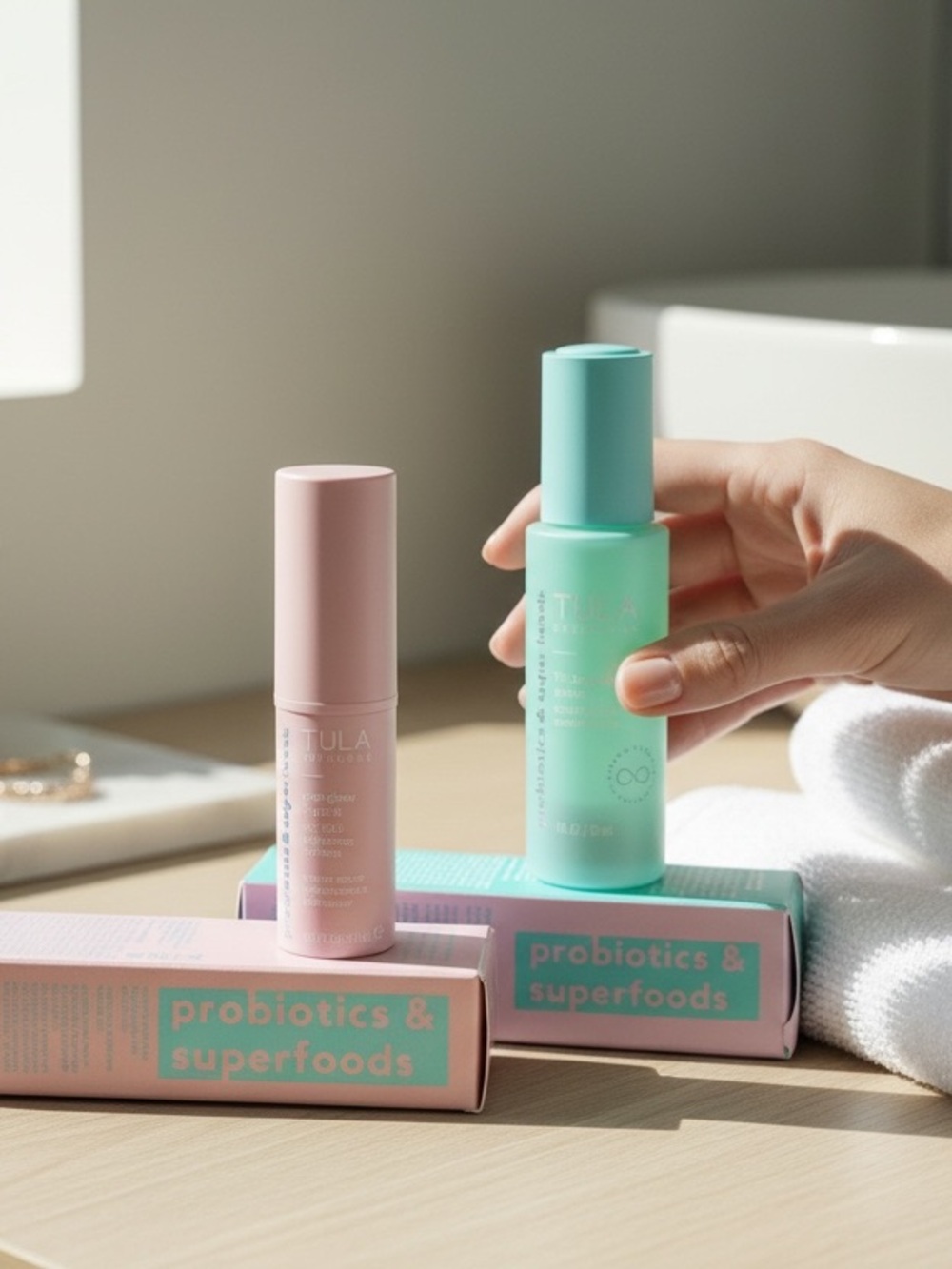 Tula Skincare Set - rose glow + get it, and Tri-Supreme serum overnight oil